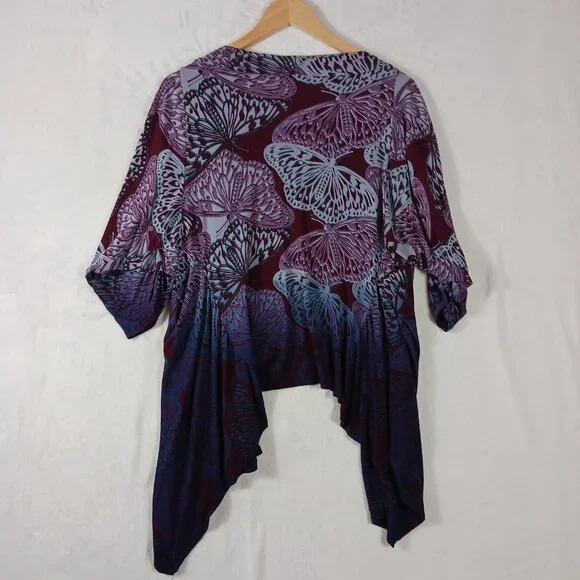 One World, Large, Butterfly Print Wrap, Ruched Sleeves, Blue/Purple/Maroon, Boho - Picture 10 of 16